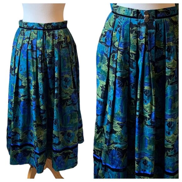 Vintage Alphorn Blue Green Floral Octoberfest Lined Box Pleats Maxi Skirt - Med - Picture 6 of 9